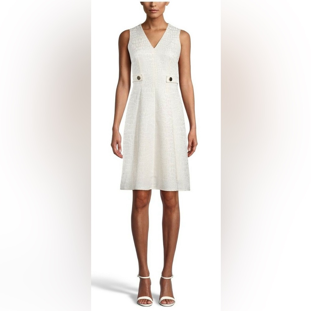 Anne Klein Jacquard V-Neck Fit & Flare Ivory Dress Anne White